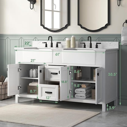 60 Inch White Bathroom Vanity with Double Sink, Farmhouse Bathroom Vanities Cabinet with Soft Closing Doors & Dovetail Drawers, Vanity for Bathroom with Apron Farm Sink, Adjustable Feet