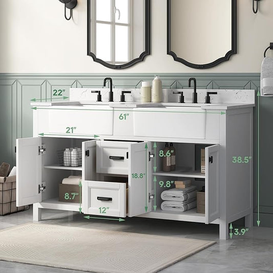 60 Inch White Bathroom Vanity with Double Sink, Farmhouse Bathroom Vanities Cabinet with Soft Closing Doors & Dovetail Drawers, Vanity for Bathroom with Apron Farm Sink, Adjustable Feet