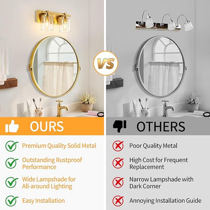 2 Light Modern Bathroom Light Fixtures Over Mirror, Brass Finish Vanity Lights for Bathroom Wall Sconces with Clear Glass Shades, E26 Socket (Bulbs Not Included)