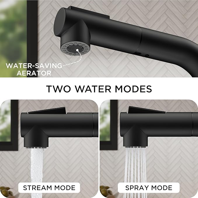 FORIOUS Modern Black Bar Sink Faucet, Stainless Steel Single Handle Small Pre Kitchen Sink Faucet with Pull Out Sprayer, 360° Swivel Spout L-Shaped Design Suitable for Camper Outdoor Bathroom RV