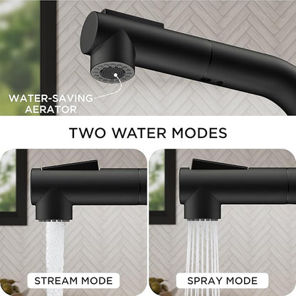 FORIOUS Modern Black Bar Sink Faucet, Stainless Steel Single Handle Small Pre Kitchen Sink Faucet with Pull Out Sprayer, 360° Swivel Spout L-Shaped Design Suitable for Camper Outdoor Bathroom RV