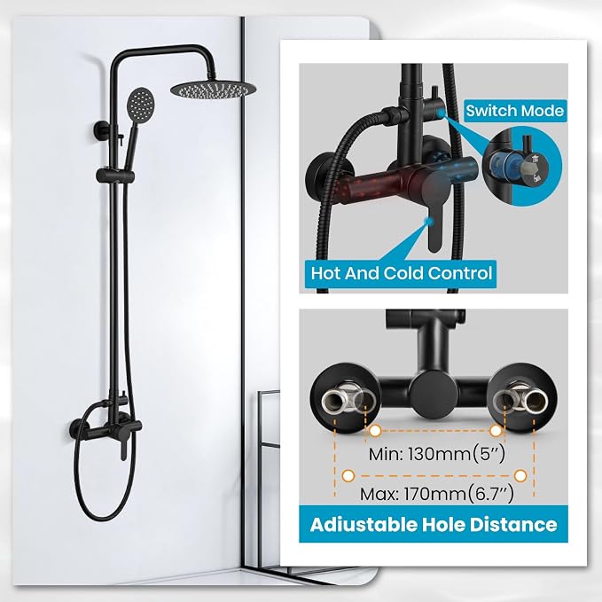 gotonovo Outdoor Shower 304 Stainless Steel, Mattte Black, Single Handle | Rain 8 Inch Outdoor Shower Head with Handheld Kit Fixtures System Faucet Set with Valve Wall Mount for Seaside Backyard Pool