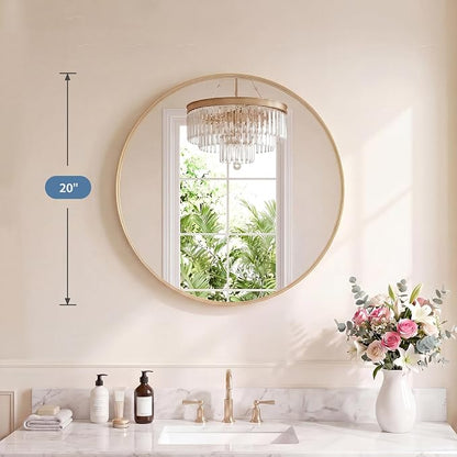 DUMOS Round Wall Mirror 20 Inch, Bathroom Wall Circle Mirror | Bathroom Decor for Entryway, Living Room, Vanity, Metal Frame, Tempered Glass, Anti-Rust, Hanging or Leaning, Gold