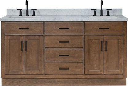 Isabella 66-Inch Brown Oak Double Bathroom Vanity with Sink, 1.5-Inch Edge Italian Carrara Marble Countertop & 4" Backsplash, Soft-Closing Doors & Drawers, Solid Oak Wood Construction