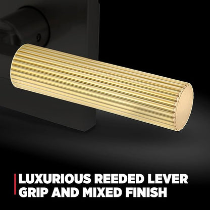 Kwikset Mirada Reeded Interior Privacy Door Handle with Lock, Handle for Bathroom and Bedroom, Matte Black Satin Brass, Reversible Keyless Push Button Lock, with Microban Protection
