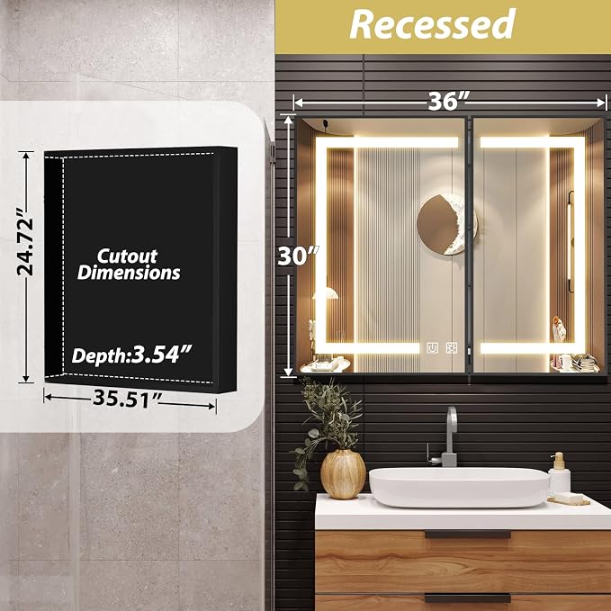 APRILSOUL 36x30 Inch Lighted Bathroom Medicine Cabinet with Mirror, Black Recessed or Surface Mount Medicine Cabinet Mirror with Storage and LED Lights, 3 Colors Temperature, Dimmable Light