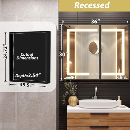 APRILSOUL 36x30 Inch Lighted Bathroom Medicine Cabinet with Mirror, Black Recessed or Surface Mount Medicine Cabinet Mirror with Storage and LED Lights, 3 Colors Temperature, Dimmable Light