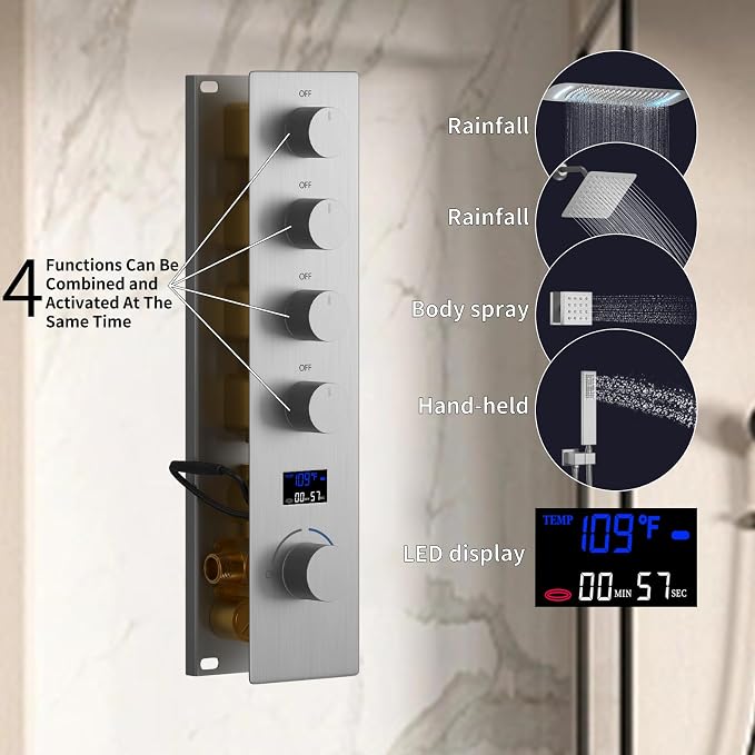 16X26 inch Rainfall Shower System Brushed Nickel Shower Faucet Set | Temperature Display Shower Faucet with 6 Body Jet, 8 inch Wall Mounted Shower Head and Handheld Set