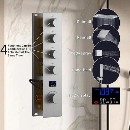 16X26 inch Rainfall Shower System Brushed Nickel Shower Faucet Set | Temperature Display Shower Faucet with 6 Body Jet, 8 inch Wall Mounted Shower Head and Handheld Set