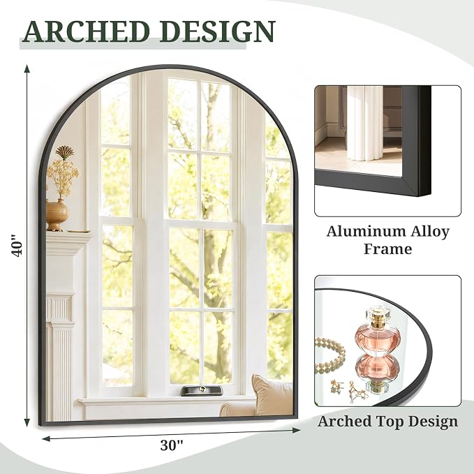 Arched Wall Mirror 40x30 Inch Black Bathroom Vanity Mirror with Metal Frame | Modern Arch Mirror for Bedroom, Living Room, Entryway, Wall Mounted Decorative Mirror