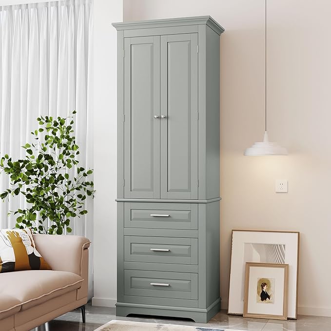 Merax 70" Pantry Cabinet with Two Doors & Three Drawer, Adjustable Shelves Storage Cupboard for Kitchen/Dining Room/Bathroom, Gray