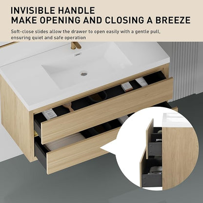 48" Floating Bathroom Vanity with Sink, Wall-Mounted Bathroom Storage Vanity Cabinet with Resin Top Basin and Soft Close Drawers, Fully Assembled, Natural Oak