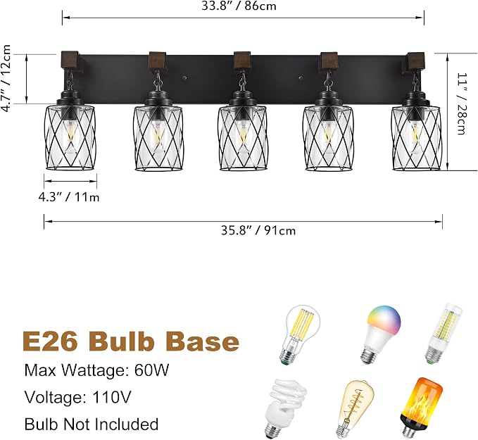 Bathroom Light Fixtures,Farmhouse Black Metal with Glass Shade | 5 Light Rustic Vanity Lights, Wood Accent Wire Cage Design, Mounts Over Mirror, Ideal for Bedroom & Hallway,Easy to Install
