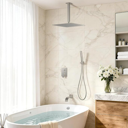 Brushed Nickel Shower System with Tub Spout, Ceiling Mounted Bathtub Shower Faucet Set, 12" Rainfall Shower Head and Handheld Shower Combo, High Pressure Shower Fixtures Set with Rough-in Valve