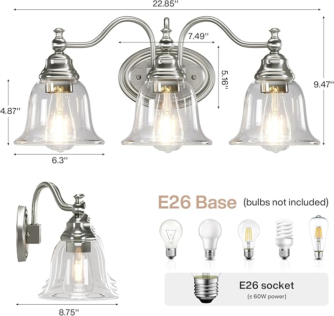 Tribesigns 3-Light Bathroom Light Fixtures, Modern Vanity Light with Clear Glass Shade, Bathroom Wall Lamp for Mirror Living Room Kitchen Hallway Porch, E26 Base, Bulbs Not Included (Silver)