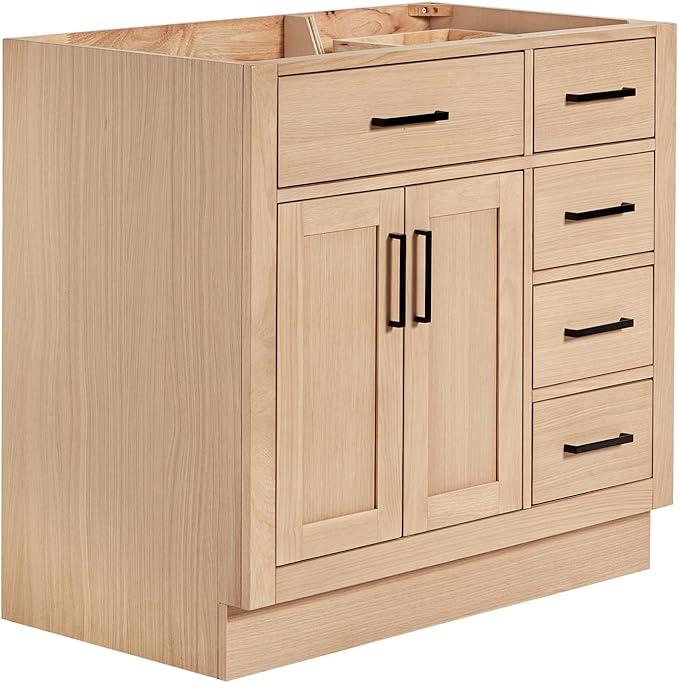ARIEL Hepburn 36-inch Bathroom Vanity Base Cabinet,Solid Wood, 2 Soft Closing Doors, 5 Dovetail Drawers, White Oak
