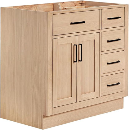 ARIEL Hepburn 36-inch Bathroom Vanity Base Cabinet,Solid Wood, 2 Soft Closing Doors, 5 Dovetail Drawers, White Oak