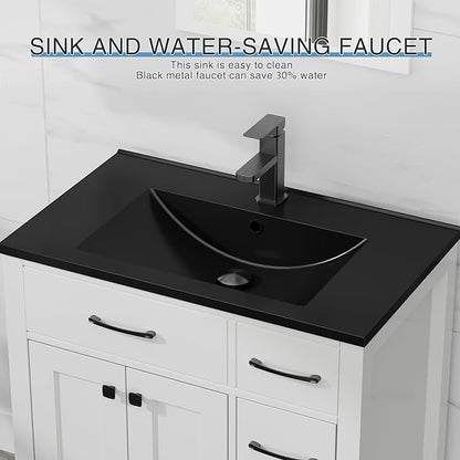 LUCKWIND 30" Modern Bathroom Vanity with Black Sink, Painted Storage Cabinet with Undermounted Black Sink, Two Doors and Three Drawers, Include Faucet Without Mirror, White