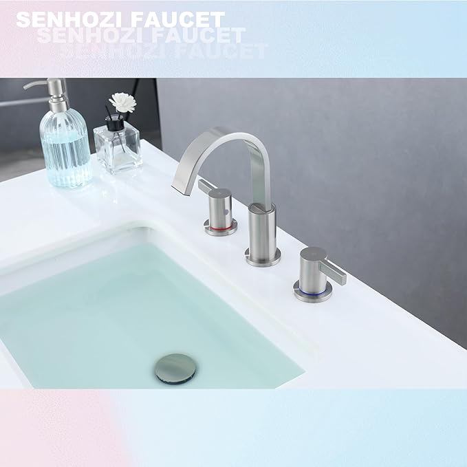 Brushed Nickel Bathroom Faucets 3 Hole, 8 Inch Widespread Waterfall Bathroom Sink Faucet, 2 Handles Vanity Faucet with Pop-up Drain and Supply Hose SE-0018-BN