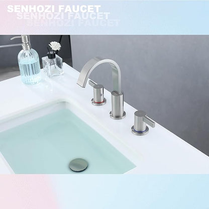 Brushed Nickel Bathroom Faucets 3 Hole, 8 Inch Widespread Waterfall Bathroom Sink Faucet, 2 Handles Vanity Faucet with Pop-up Drain and Supply Hose SE-0018-BN