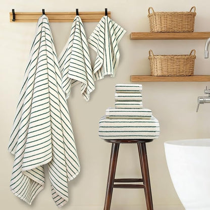 8 Piece Green Towel Set, Super Soft & Absorbent Cotton Striped Towels | for Bathroom Decor, 2 Bath, 2 Hand, 4 Washcloths