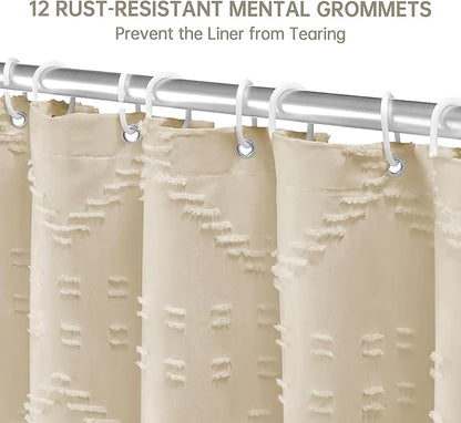 Extra Long Boho Farmhouse Shower Curtain, 72 x 78 Cream/Beige Tufted Chevron Textured Striped Modern Minimalist Cloth Curtain for Bathroom