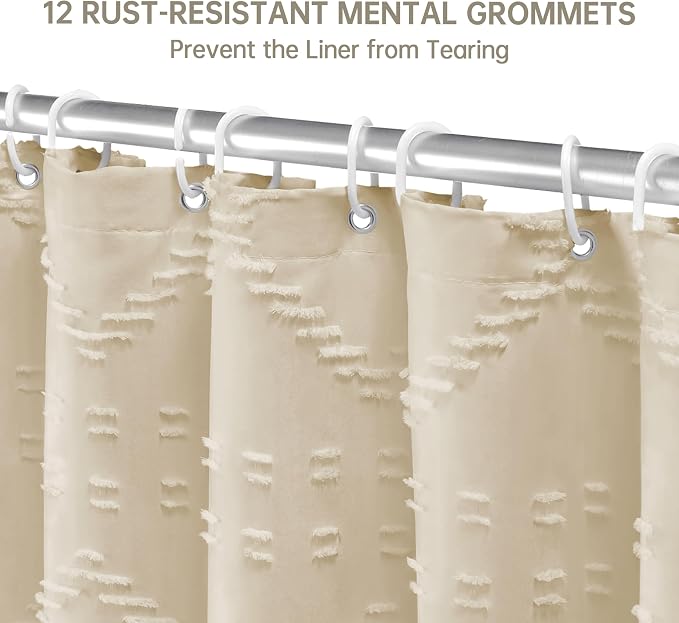 Siiluminisoy Extra Long Boho Farmhouse Shower Curtain Woven Fabric Beige 90 Inch Shower Curtain, 72 x 90 Tufted Chevron Textured Striped Modern Minimalist Cloth Shower Curtain for Bathroom