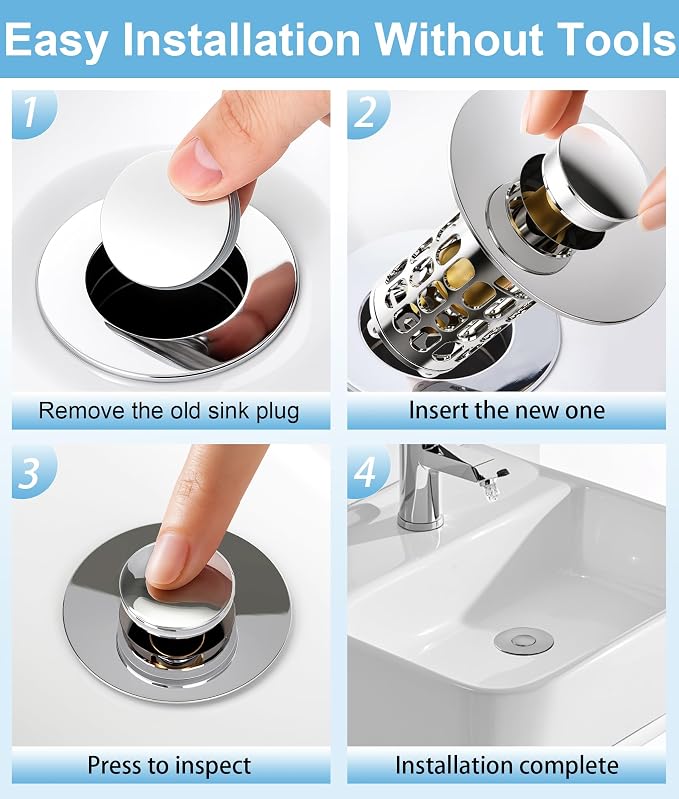 QYHNYJF Upgraded Bathroom Sink Stopper – Universal Pop-Up Drain Plug with Anti-Clog Hair Catcher, Durable Stainless Steel & Silicone Seal, Fits Standard 1.1-1.5 Inch Sink Drains, Silver