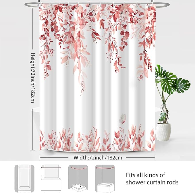 Pink Floral Eucalyptus Shower Curtain with Hooks, 72x72 Inch | Waterproof Fabric, Watercolor Leaves and Floral, Botanical Style, Machine Washable, Quick-Drying, for Hotel Bathroom