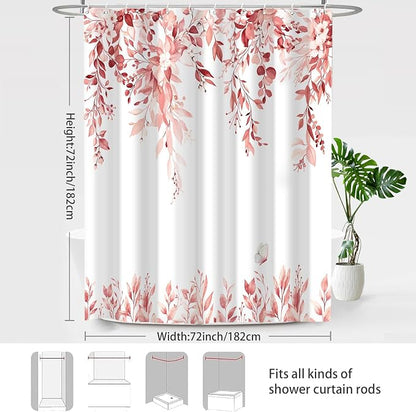 Pink Floral Eucalyptus Shower Curtain with Hooks, 72x72 Inch | Waterproof Fabric, Watercolor Leaves and Floral, Botanical Style, Machine Washable, Quick-Drying, for Hotel Bathroom