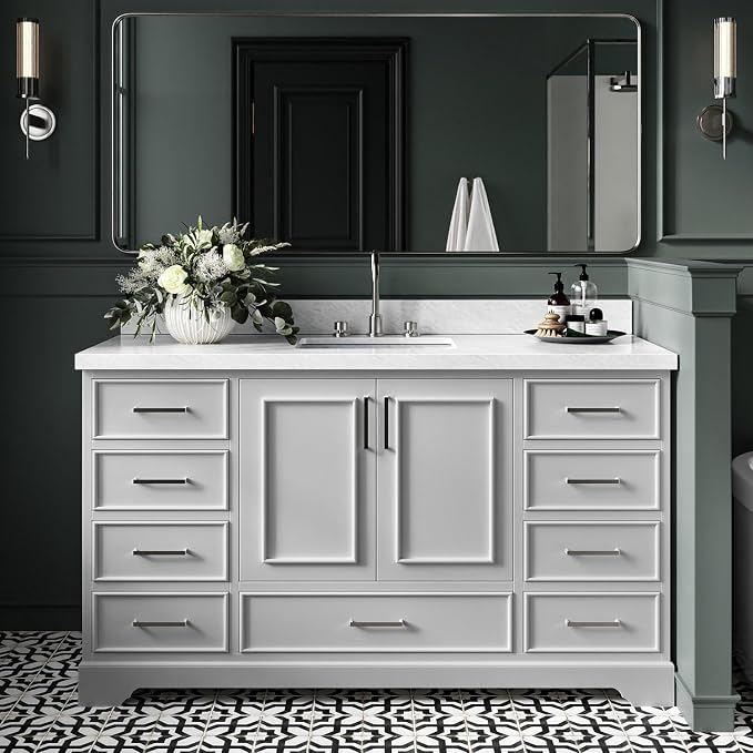 Langford 60-inch Grey Bathroom Vanity with Center Rectangle Single Sink, Italian Carrara Marble Countertop & Backsplash, Solid Wood Frame, Soft-Closing & Dovetail Drawers
