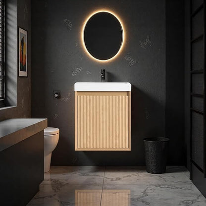 18.5" Bathroom Vanity with Resin Sink, Wall-Mounted Floating Bathroom Vanity with Soft Closed Single Door & Hidden Handle for Home, Undermount Storage Cabinet, Easy to Clean, Natural Wood