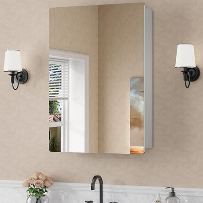 20x28 Inch Medicine Cabinet with Mirror, Recessed or Surface Mounted Bathroom Cabinets for Storage, 2 Fully Adjustable Tempered Glass Shelves, Soft-close DTC Hinges, HD Reflection Mirror Door, Silver