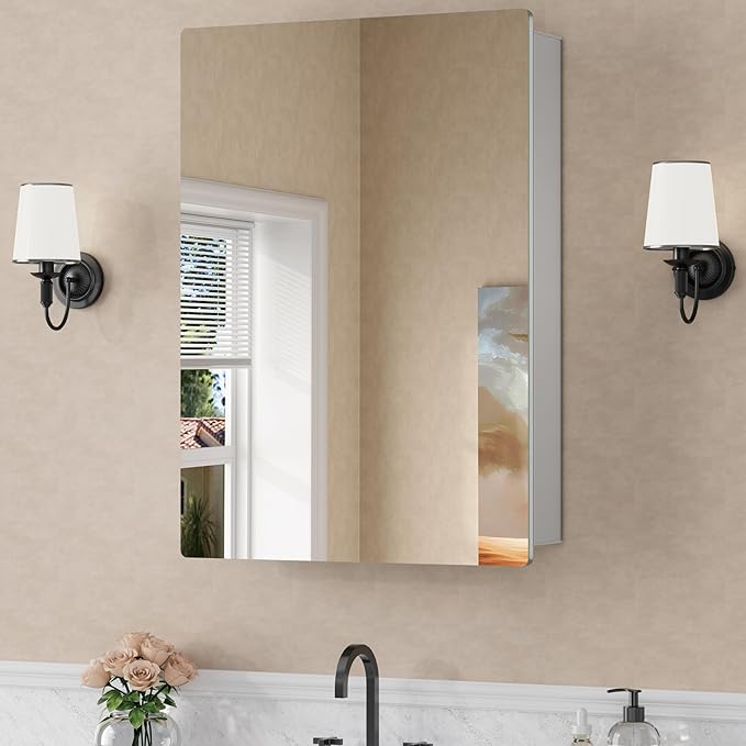 24x30 Inch Medicine Cabinet with Mirror, Recessed or Surface Mounted Bathroom Cabinets for Storage, 2 Fully Adjustable Tempered Glass Shelves, Soft-close DTC Hinges, HD Reflection Mirror Door, Silver