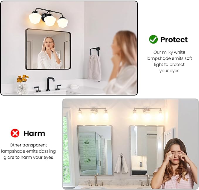 Bathroom Vanity Light Fixtures: 3-Light Black Vanity Lights for Bathroom Over Mirror, Farmhouse Wall Sconce Lighting with Frosted Milky Glass for Kitchen (Exclude Bulb)
