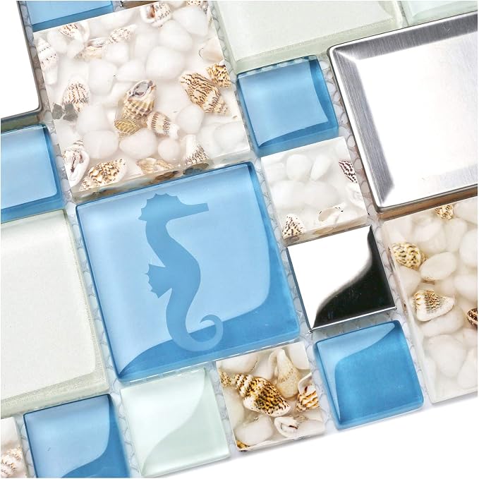 Blue Sea Glass Tile Backsplash Beach Style Mosaic Tiles Real Seashell Inside (Pack of 5 Sheets)