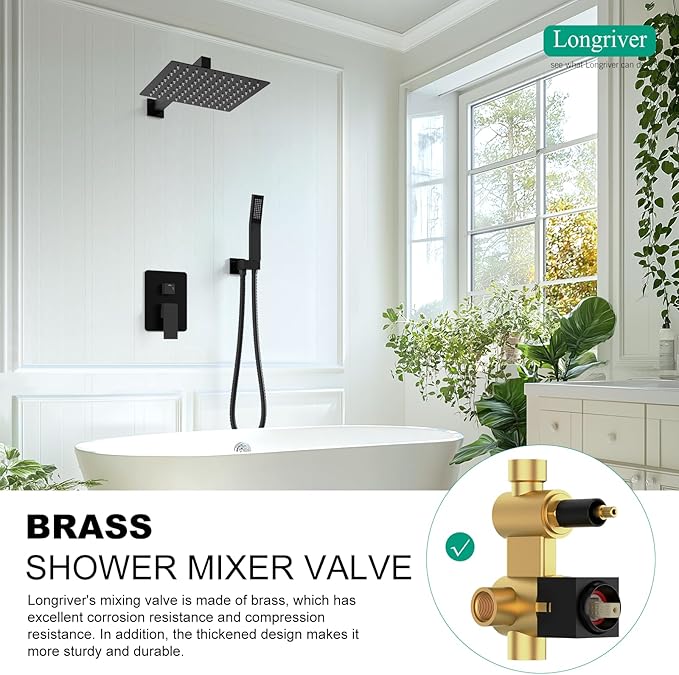 Longriver S200 Shower Faucet Set, Shower System Bathroom High Pressure 12 Inches Rainfall Shower Head with Handheld Spray, Wall Mounted Shower Fixtures with Shower Valve and Trim Kit, Matte Black