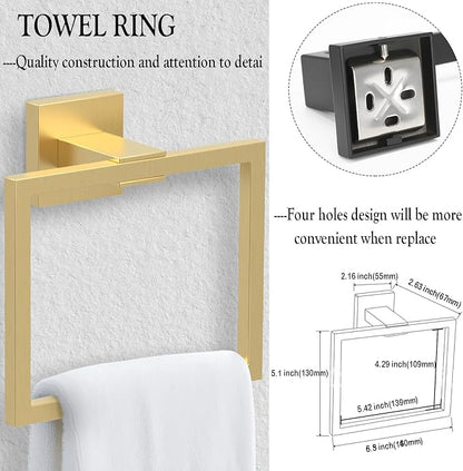 BOZWELL 5 Piece Light Brushed Gold Stainless Steel Towel Bar Set, 23.6 inch Square Bathroom Hardware Accessories Set,Wall Mounted Towel Racks for Bathroom with TP