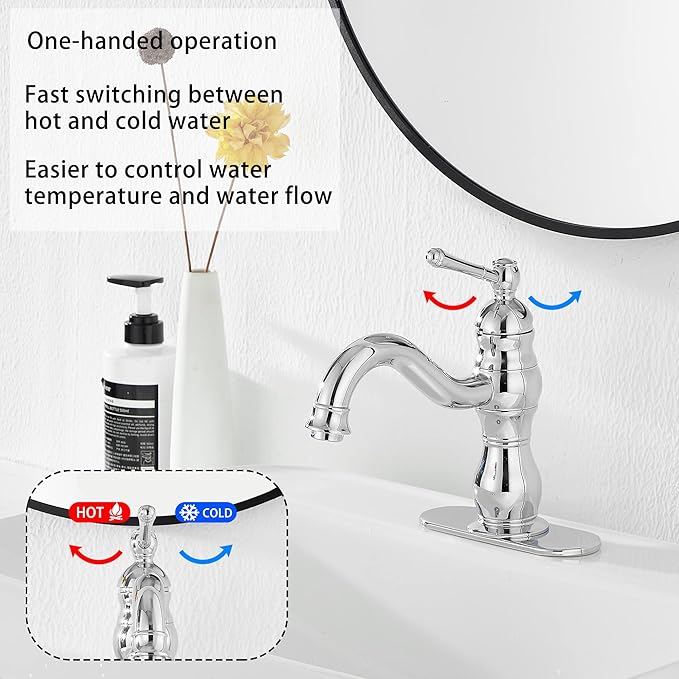 Chrome Bathroom Faucet GGStudy 360° Swivel Bathroom Vanity Faucet Single Handle One Hole Bathroom Sink Faucet Basin Matching Pop Up Drain with Overflow