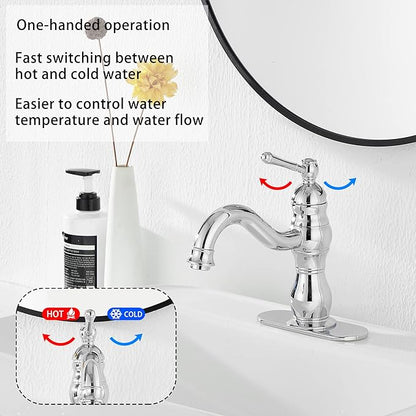 Chrome Bathroom Faucet GGStudy 360° Swivel Bathroom Vanity Faucet Single Handle One Hole Bathroom Sink Faucet Basin Matching Pop Up Drain with Overflow