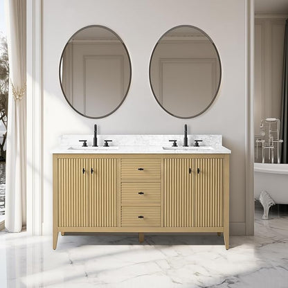 Vanity Art 60 inch Oak Bathroom Vanity with Double Sink & Ceramic Top, Vanity Cabinet with Soft-Closing Door, Solid Wood Frame, Linear Pattern, Natural Oak, VA9160-DNO-MB,Matte Black Handles