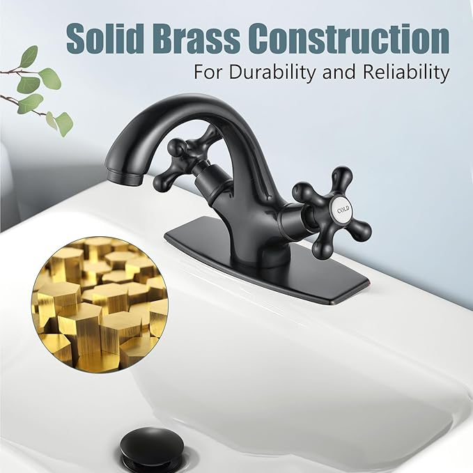 Aolemi Bathroom Sink Faucet Single Hole Cold and Hot Double Handle Cross Knobs Vanity Vessel Sink Basin Mixer Tap with Deck Cover Plate with Pop Up Drain Oil Rubbed Bronze