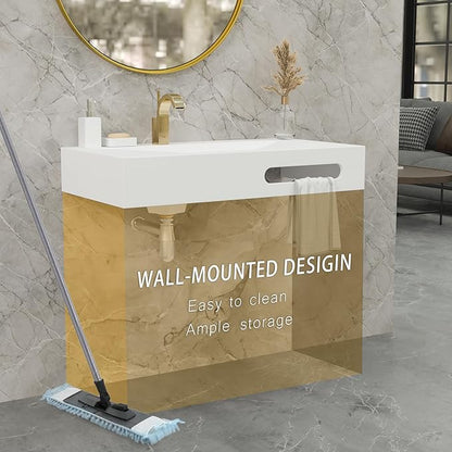 QJ&XY Resin Bathroom Sink 36" Wall Mounted V-Shaped White Basin with Towel Rack, Floating Vanity Sink in Soft-Touch Finish (Single Tier)