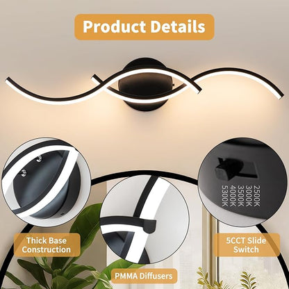 Black Curved Curved 5CCT Bathroom Vanity Light Fixture Over Mirror, 23.62 inch Modern LED Wall Lamp Dimmable Bathroom Light Fixture Modern Wall Sconces