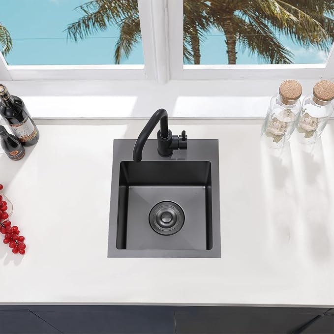 VCCUCINE Gunmetal Black Bar Sink Drop in, 13x15 Inch Topmount RV Small Kitchen Sink, Handmade Stainless Steel Wet Bar Sink, Outdoor Single Bowl Prep Sink with Dish Grid & Drain