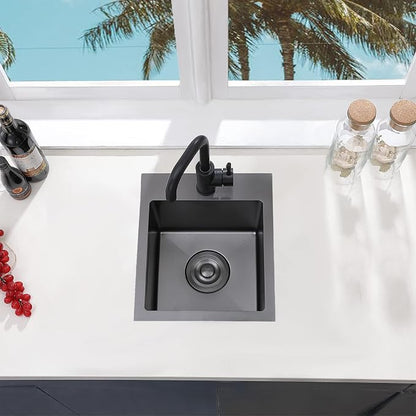 VCCUCINE Gunmetal Black Bar Sink Drop in, 13x15 Inch Topmount RV Small Kitchen Sink, Handmade Stainless Steel Wet Bar Sink, Outdoor Single Bowl Prep Sink with Dish Grid & Drain