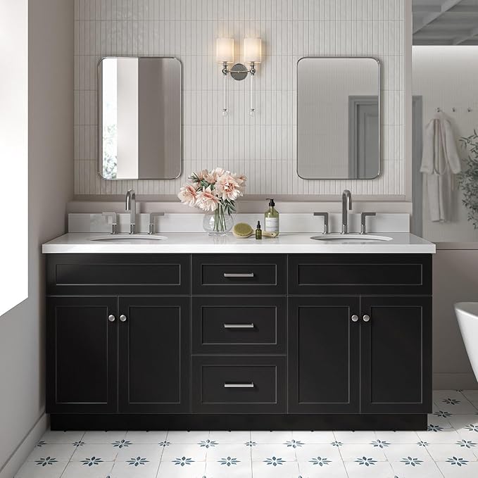 ARIEL Hamlet 72-inch Bathroom Vanity with Sink,Solid Wood, 1.5-inch Pure White Quartz Countertop & Backsplash, Double Oval Porcelain Sink, 4 Soft Closing Doors, 3 Dovetail Drawers, Black