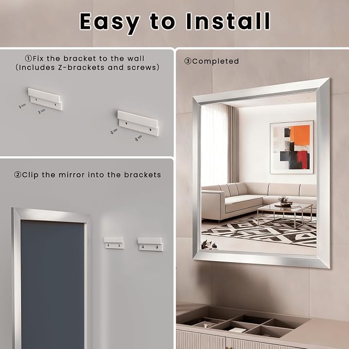 Bathroom Mirror for Wall, 44x36 Inch (Brushed Silver) | HD Reflection, Tempered Glass, Thick Metal Framed Rectangle Mirrors for Over Sink, Bedroom, Living Room, Entryway, Anti-Rust.