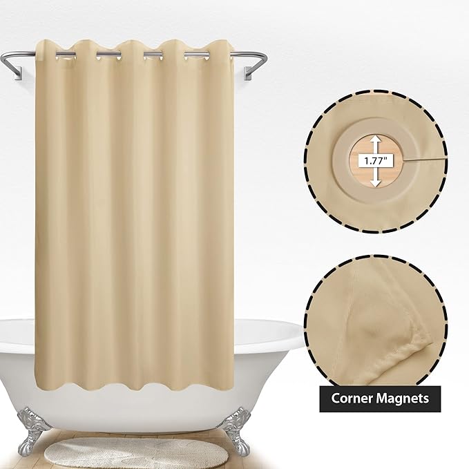 River Dream No Hook Hotel Cloth Shower Curtain Beige, Standard Size | Waterproof Microfiber, Bottom Magnets, Soft Washable Fabric Shower Curtain or Liner, 71W x 74H