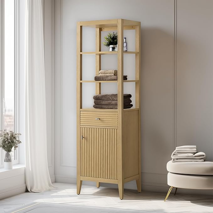 Vanity Art Vanity with Storage Cabinet & Shelves, Free-Standing Vanity with Soft-Closing Doors, Natural Oak, Golden Brushed Handware VA91-LC-NO-GB